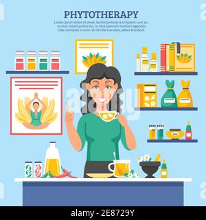 Alternative Medizin flache Vektor-Illustration mit jungen Frau Figur halten Kappe von Kräutertee in der Mitte und Regale der Phytotherapie Drogen Stock Vektor