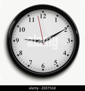 Wanduhr mit schwarzen und roten Zeigern und weiß Zifferblatt isoliert auf weißem Hintergrund realistische Vektordarstellung Stock Vektor