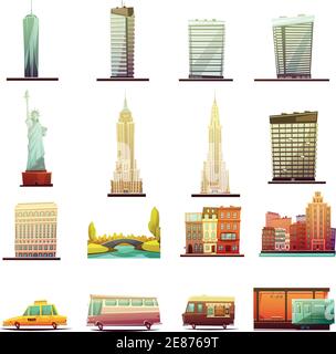 New york City Gebäude Wahrzeichen Touristen Attraktionen und Transportelemente Retro Cartoon Icons Sammlung isoliert Vektor Illustration Stock Vektor