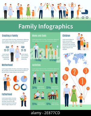 Familien-Infografik-Set mit Mutterschaft und Vaterschaft Symbole flach Vektor Abbildung Stock Vektor