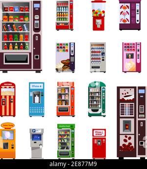 Symbole für Verkaufsautomaten mit Spielzeug, Wasser und Kaffeemaschinen Flache, isolierte Vektorgrafik Stock Vektor