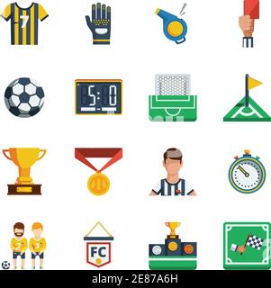 Fußball flach isoliert farbige Icon-Set mit verschiedenen Geräten und Dekorative Symbole von Feldzeichen und Spieler Vektor-Illustration Stock Vektor