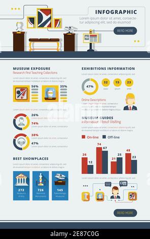 Museum Infografik Poster mit abstraktem Interieur Beispiel und verschiedenen Charts Und gestylte Grafiken Vektordarstellung Stock Vektor