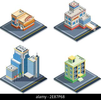 Bau isometrisch isoliert Icon-Set mit vier Arten von gewöhnlichen Vektordarstellung „Stadtstrukturen“ Stock Vektor