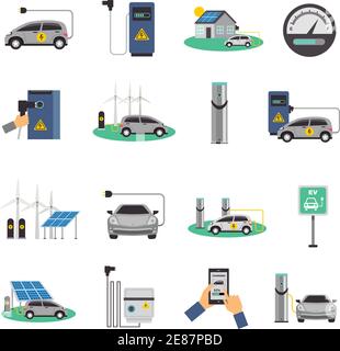 Elektroauto lädt öffentliche Netz-Service-Stationen und individuelle Aufladen Punkte flache Symbole Sammlung isolierte Vektor-Illustration Stock Vektor