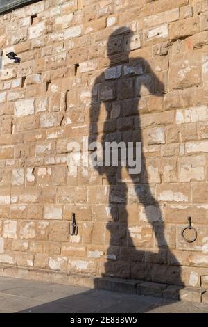Florenz, Italien Schatten der Nachbildung der David-Statue Michelangelos vor dem Palazzo Vecchio Stockfoto