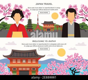 Japanische Traditionen Essen und Lifestyle-Informationen für Reisende 3 Wohnung Horizontale Banner setzen abstrakte isolierte Vektor-Illustration Stock Vektor