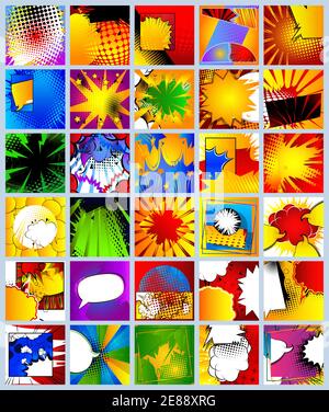 Riesige Reihe von Comic-Hintergründe. Abstrakte Cartoon Explosionen. Vorlage im Retro-Stil. Stock Vektor