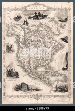 Nordamerika Karte 1851 mit Abbildungen und Grenzen. Atlas-Karte von Nordamerika einschließlich der Vereinigten Staaten, Mexiko, Mittelamerika, karibischen Inseln, einschließlich detaillierter Grenzen, Ortsnamen und Illustrationen. Die Karte erscheint bemerkenswert genau für das Datum, als sie zum ersten Mal erstellt wurde, 1851. Dies ist eine verbesserte, restaurierte Reproduktion einer antiken Karte. Stockfoto