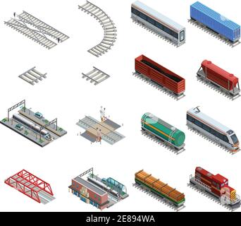 Isometrische Symbole Satz von verschiedenen Bahnhofselementen wie Schienen Eisenbahnwagen Lokomotive und andere isolierte Vektor-Illustration Stock Vektor