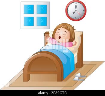 Vektor-Illustration von kleinen Mädchen aufwachen in einem Bett Und gähnend Stock Vektor