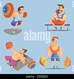 Gym Cartoon-Symbole mit Gewichtheben Symbole auf blauem Hintergrund gesetzt Isolierte Vektordarstellung Stock Vektor