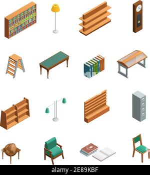 Buchhandlung und Bibliothek isometrische Innenelemente mit Möbeln isoliert gesetzt Vektorgrafik auf weißem Hintergrund Stock Vektor