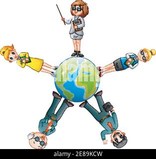 Vektor-Illustration von Cartoon Menschen rund um den Globus stehen Stock Vektor
