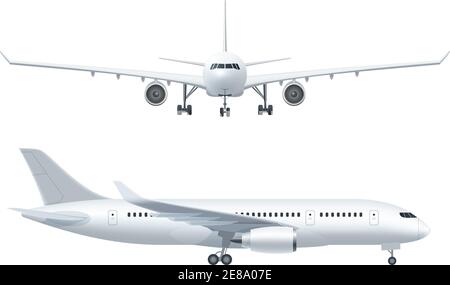 Weißes Flugzeugsymbol auf weißem Hintergrund im Profil Und von der Vorderseite isolierte Vektordarstellung Stock Vektor