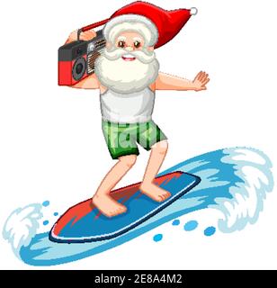 Santa Claus Surfen im Sommer Thema auf weißem Hintergrund Illustration Stock Vektor