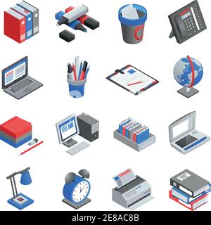 Verschiedene rot-blaue und graue Office-Tools für Arbeitsplatz isometrisch Symbole setzen isolierte Vektordarstellung Stock Vektor