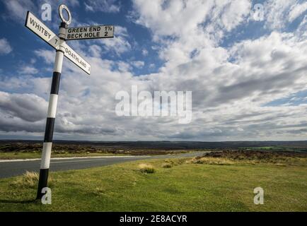 Altmodisches britisches Straßenschild in der Nähe von Goathland im North York Moors National Park, das den Weg nach Green End, Beck Hole und Whitby anzeigt Stockfoto