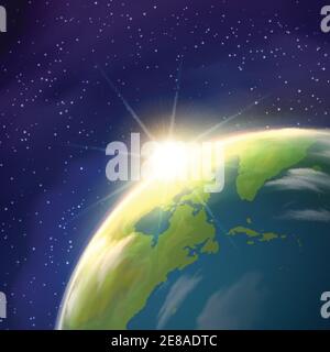 Planet Erde Globus Tempo Ansicht mit hellen aufgehenden Sonne und Sterne Sternbilder auf blauem Hintergrund realistische Poster Vektor Illustration Stock Vektor