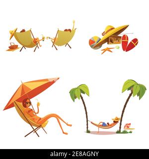 Sommer Urlaub Cartoon-Ikonen mit Chaiselongue und Palmen gesetzt Isolierte Vektordarstellung Stock Vektor
