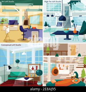 Loft Studio Interior Konzept. Loft Zimmer Innenraum Vektor Illustration. Loft Studio Flat Icons Set. Loft Studio Design Set.Loft Studio Isolierte Elemente Stock Vektor