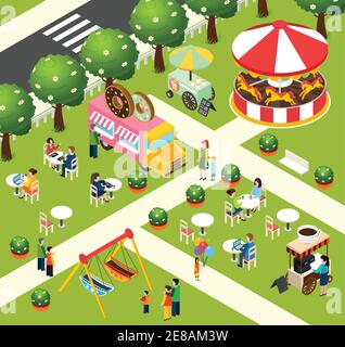 Street Food Truck in Märchen unterhaltsamen Park verkaufen Donuts und Kaffee isometrische Komposition Poster abstrakte Vektor Illustration Stock Vektor