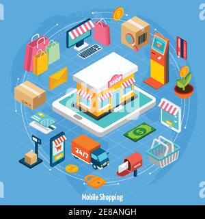 Mobiles Shopping isometrisches Konzept mit dazugehörenden Elementen auf hellblau Vektordarstellung im Hintergrund Stock Vektor