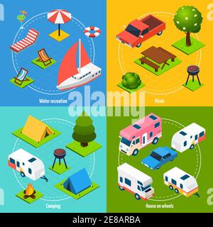 Bunte Camping und Reisen isometrische 2x2 Symbole mit Haus gesetzt Auf Rädern Elemente für Wasser Erholung und Picknick isoliert Vektor Abbildung Stock Vektor