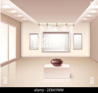 Ausstellungsgalerie Interieur mit brauner Vase auf Sockel dekorative Wand Rahmen und Beleuchtung an der Decke Vektorgrafik Stock Vektor