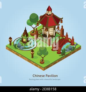 Chinesischer Pavillon Rastplatz mit schöner Landschaft und Dekoration Elemente Isometrisches Design Konzept Vektordarstellung Stock Vektor