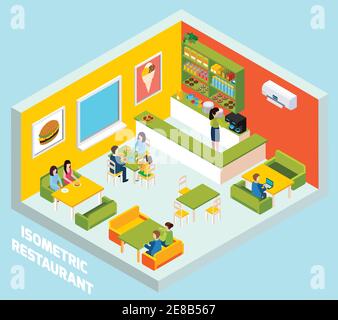 Das Fast-Food-Restaurant mit Burger- und Eisplakaten An der Wand isometrische abstrakte Vektor-Illustration Stock Vektor
