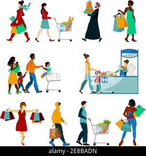 Shopping People Icons Set. Vektor-Illustration Zum Einkaufen Von Menschen. Einkaufen Und Leute Dekorative Set. Shopping Design Set.Shopping Flat Isoliertes Set. Stock Vektor