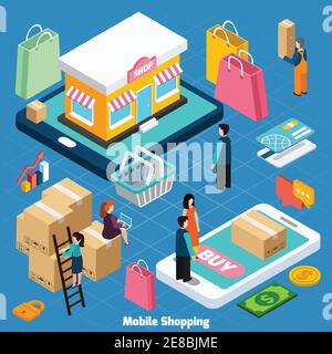 Mobiles Einkaufen mit verwandten Elementen isometrisches Konzept auf blauem Hintergrund vektorgrafik Stock Vektor