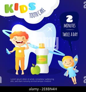 Kinder Zahnpflege Poster mit Mundspülung und Zahnfee Symbole flache Vektordarstellung Stock Vektor