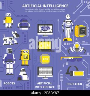 Künstliche Intelligenz Infografiken Layout mit Informationen über Roboter und Produkte Von High-Tech-Technologie und Innovationen flache Vektor illustratio Stock Vektor