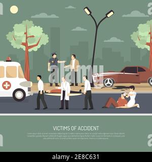 Erste Hilfe vor Ort Hilfe für Verkehrsunfallopfer flach Poster mit Krankenwagen Polizist und Fahrer Vektor Illustration Stock Vektor