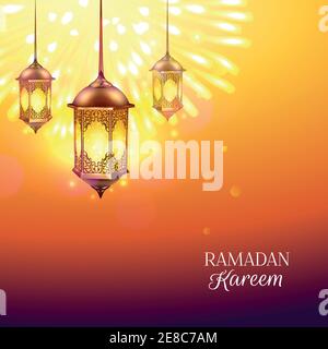 Ramadan farbige Poster mit brennenden Lichtern auf Hintergrund goldene Lampe Und Titel Ramadan kareen Vektor Illustration Stock Vektor