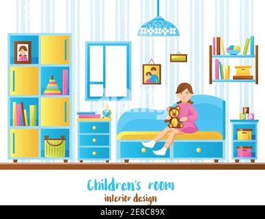 Baby-Zimmer-Interieur mit Regalen mit Büchern und Spielzeug und Kleines Mädchen auf Sofa sitzen flache Vektor-Illustration Stock Vektor