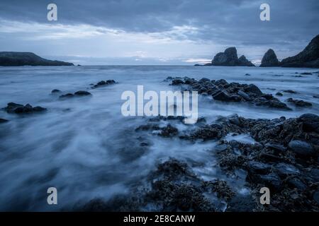 Die Felsen und die dramatische zerklüftete Küste an der Nordseeküste nahe Dunnottar Castle, südlich von Stonehaven, Aberdeenshire, Schottland Stockfoto