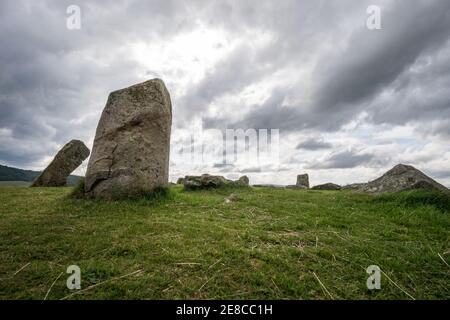 Tomnaverie Recumbent Stone Circle, eine bronzezeitliche historische antike neolithische Denkmalstätte in der Nähe von Tarland, Aberdeenshire, Schottland Stockfoto