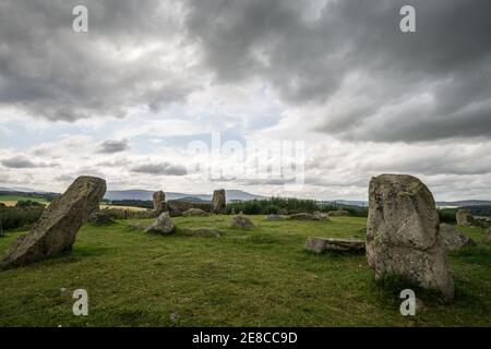 Tomnaverie Recumbent Stone Circle, eine bronzezeitliche historische antike neolithische Denkmalstätte in der Nähe von Tarland, Aberdeenshire, Schottland Stockfoto