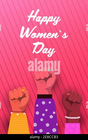 Internationale Damen Tag Mix Rennen erhöhte Fäuste starke Mädchen macht Konzept verschiedene Nationalitäten weibliche Hände vertikale Vektor-Illustration Stock Vektor