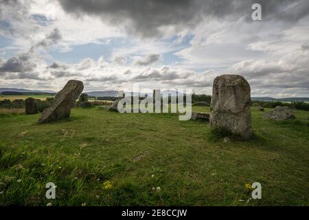 Tomnaverie Recumbent Stone Circle, eine bronzezeitliche historische antike neolithische Denkmalstätte in der Nähe von Tarland, Aberdeenshire, Schottland Stockfoto