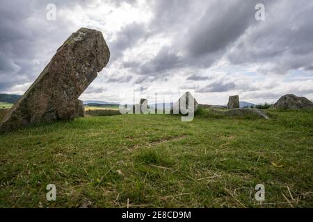 Tomnaverie Recumbent Stone Circle, eine bronzezeitliche historische antike neolithische Denkmalstätte in der Nähe von Tarland, Aberdeenshire, Schottland Stockfoto