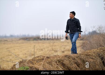 (210131) -- NANCHANG, 31. Januar 2021 (Xinhua) -- Lei Xiaoyong patrouilliert auf einem Reisfeld auf der Kangshan-Farm des Kreises Yugan, Provinz Jiangxi im Osten Chinas, 30. Januar 2021. Lei Xiaoyong ist Leiter der Wildtier- und Pflanzenschutzstation der Forstverwaltung des Kreises Yugan. Eine der Aufgaben von Lei und seinen Kollegen ist es, Zugvögel am Poyang See zu schützen, dem größten Süßwassersee Chinas und einem wichtigen Überwinterungsort für Wasservögel in Asien. In diesem Winter flog eine große Anzahl weißer Kraniche zur Kangshan Farm in Yugan zum Überwintern, fast 3,000 davon auf ihrem Höhepunkt. L Stockfoto