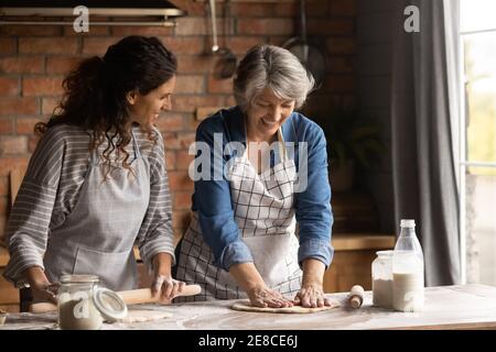 Glücklich reife Frau mit grownup Tochter Kochen, rollenden Teig Stockfoto