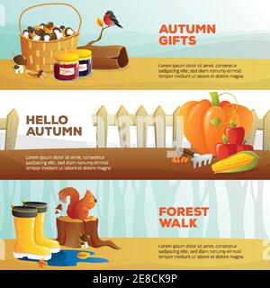 Helle horizontale Banner mit Herbst Gemüse Pilze Vögel und Wald Flache isolierte Vektorgrafik Stock Vektor