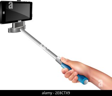 Hand hält blauen Selfie-Stick mit schwarzem Telefon auf weiß Hintergrund realistische Vektordarstellung Stock Vektor