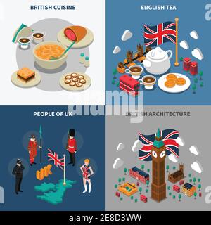 Großbritannien touristische isometrische 2x2 Icons mit britischen kulturellen gesetzt Elemente Architektur Küche und Menschen isoliert Vektor Illustration Stock Vektor