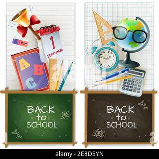 Back to School 2 vertikale realistische Banner mit Kreidetafeln Wecker und Zubehör für Schulungsräume isolierte Vektordarstellung Stock Vektor